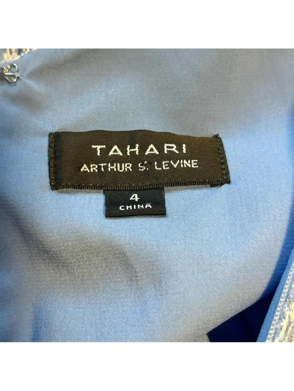Tahari Sleeveless Carolina Blue White/Silver Sheer Overlay w Ribbon Sash | Sz 4 - Picture 8 of 13